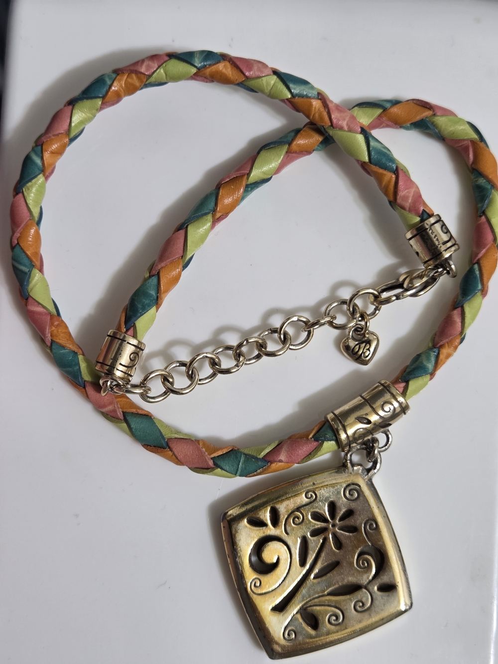Multicolor Braided Leather Necklace with Floral Pendant Sterling Silver